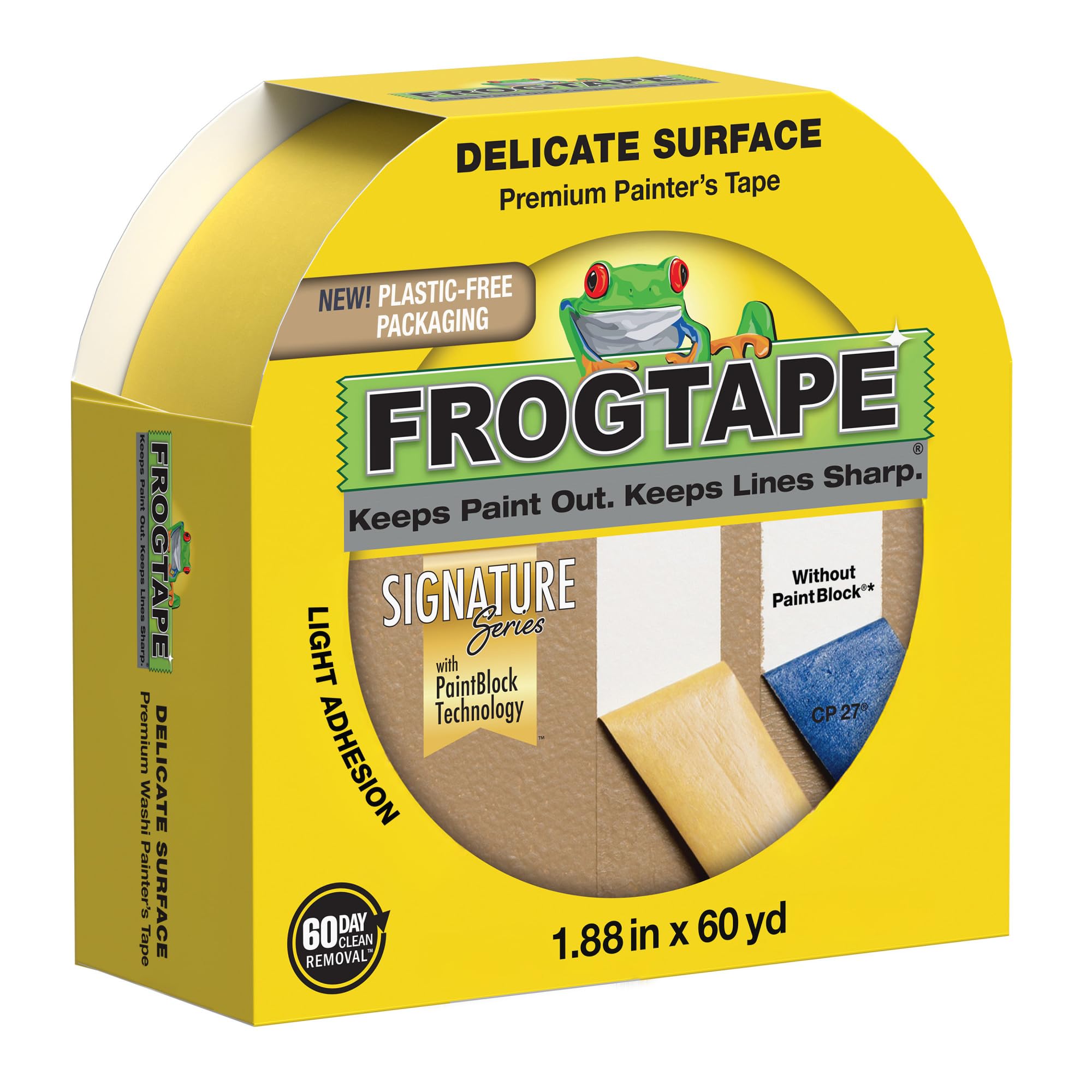 Photo 1 of FrogTape Delicate Surface Painters Tape with PAINTBLOCK, 2 Inch Wide (1.88 In. x 60 Yds), Low Adhesion, Ideal for Freshly Painted Walls, Trim & Surfaces, Yellow, 1 Roll (280222)