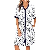 Bloggerlove Cotton Nightgowns for Women Floral Button Down Housecoat Long House Dress with Pocket
