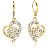ALEXCRAFT 925 Sterling Silver/14K Gold Plated Heart Dangle Earrings Hypoallergenic Sparkly Cubic Zirconia Earrings for Love Valentines Christmas Gifts