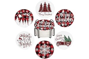 AOWCED Christmas Absorbent Coasters with Holder Set of 6, Ceramic Stone with Cork Base, Red Buffalo Plaid Design Coaster for Drinks, Gift for Housewarming Room Bar Home Decor Kitchen