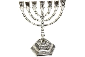 3 Arches USA 7 Branch Temple Menorah Silver Plated Home Decor - 12 Tribes of Israel Hexagonal Base Candle Holder, Stunning Workmanship in Metal Alloy. (Silver, 6" Inches)