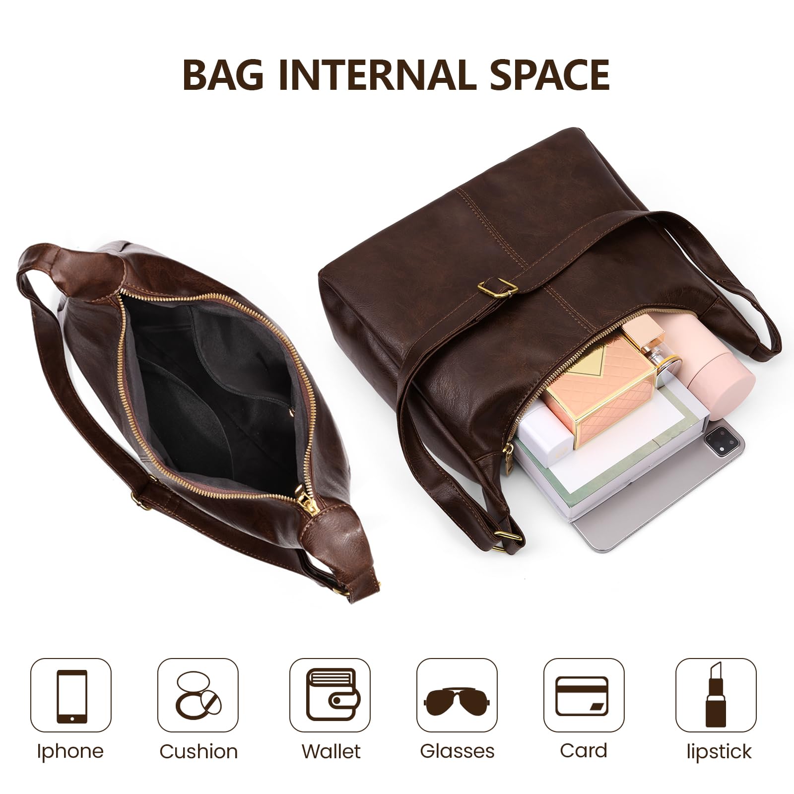 Slouchy Hobo Bags for Women,Brown Leather Shoulder Bag Everyday Purse Daily Commuting Bag Fall Handbags 2025