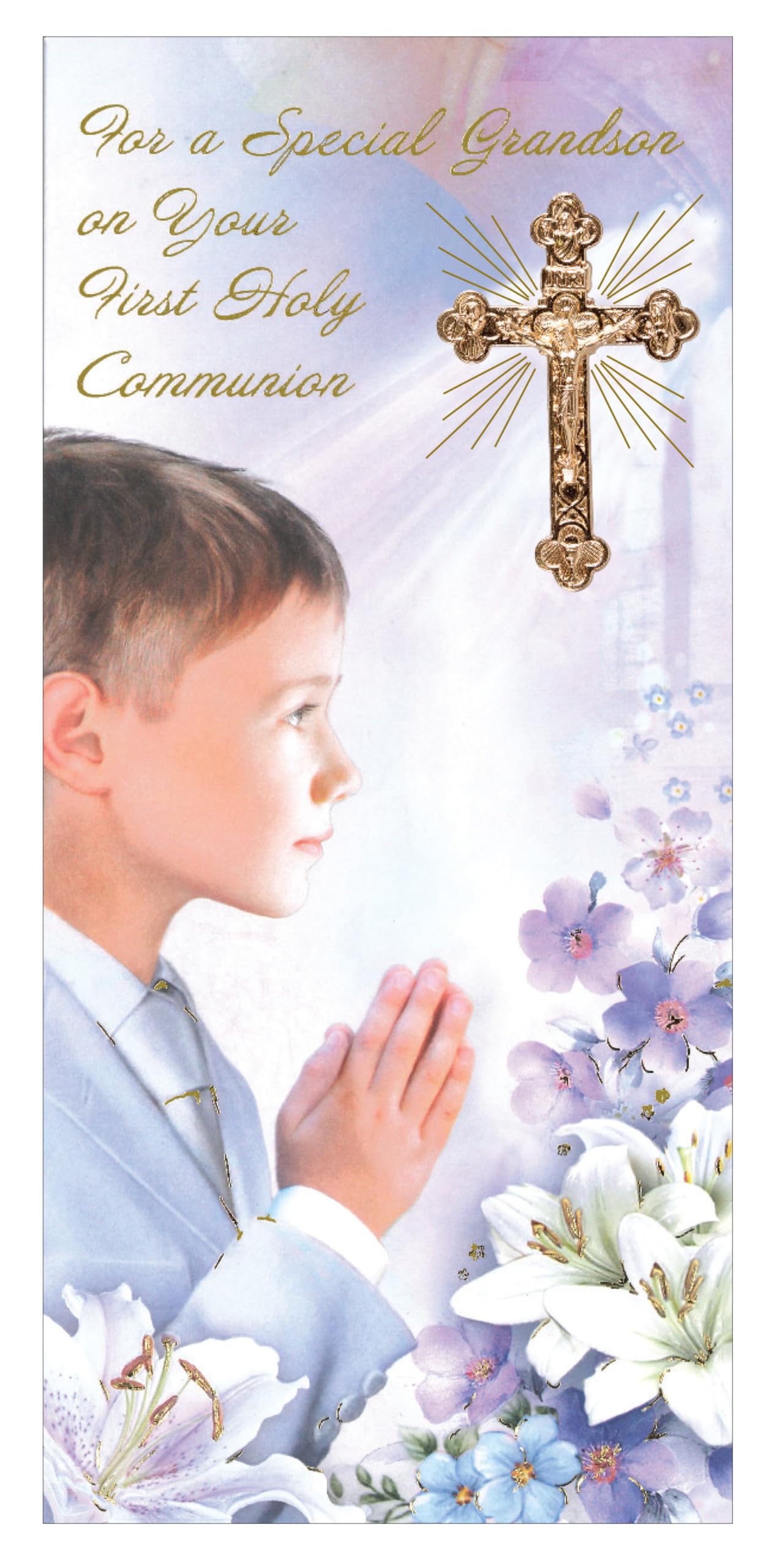 Grandson First Holy Communion Catholic Celebration Card for a Special Boy on his Religious Commitment Ceremony with Cross Crucifix