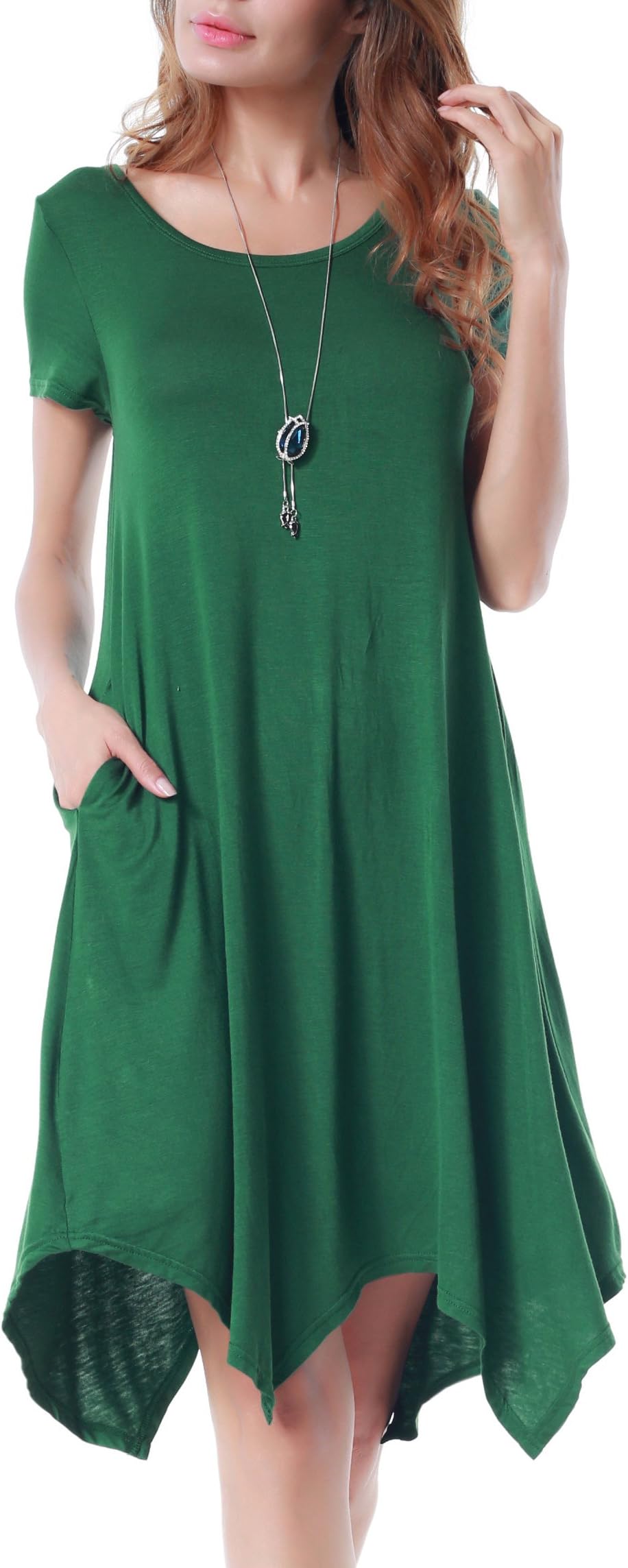 Women Casual Loose Soft Crewneck Short Sleeve Pockets Swing T-Shirt Dress