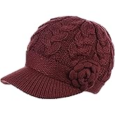 Womens Winter Elegant Cable Flower Knitted Newsboy Cabbie Cap Beret Beanie Hat with Visor, Warm Plush Fleece Lined