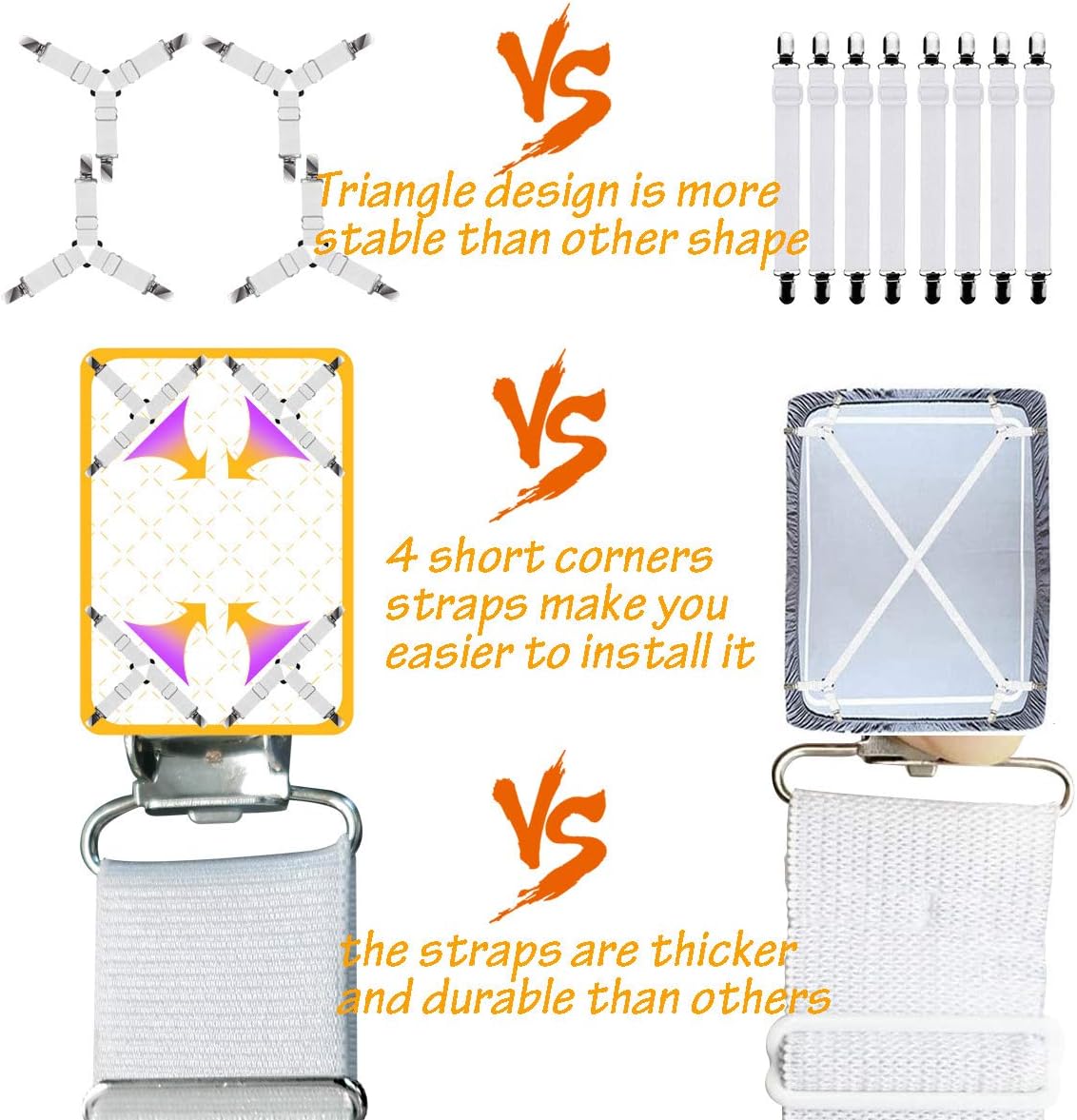 Ultrashang Bed Sheet Straps Fasteners: 2-Set White Elastic Triangle Adjustable Fitted Sheets Holder Clips Suspenders Grippers for Crib Mattress Pad: Home & Kitchen