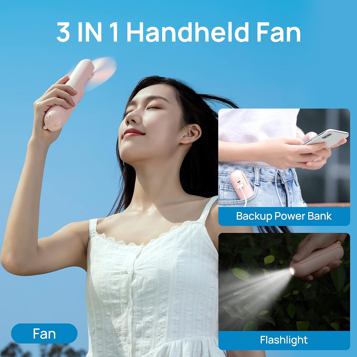 JISULIFE Handheld Mini Fan, 3 IN 1 Hand Fan, Portable USB Rechargeable Small Pocket Fan, Battery Operated Fan [14-21 Working Hours] with Power Bank, Flashlight Feature for Wowen,Travel,Outdoor-Pink: Health & Personal Care