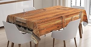 Ambesonne Western Decor Tablecloth, Rural Town Livery Stable Rustic Weathered Wooden Wall Door and Windows Vintage Wagon Wheel Print, Dining Room Kitchen Rectangular Table Cover, 52 X 70 inches