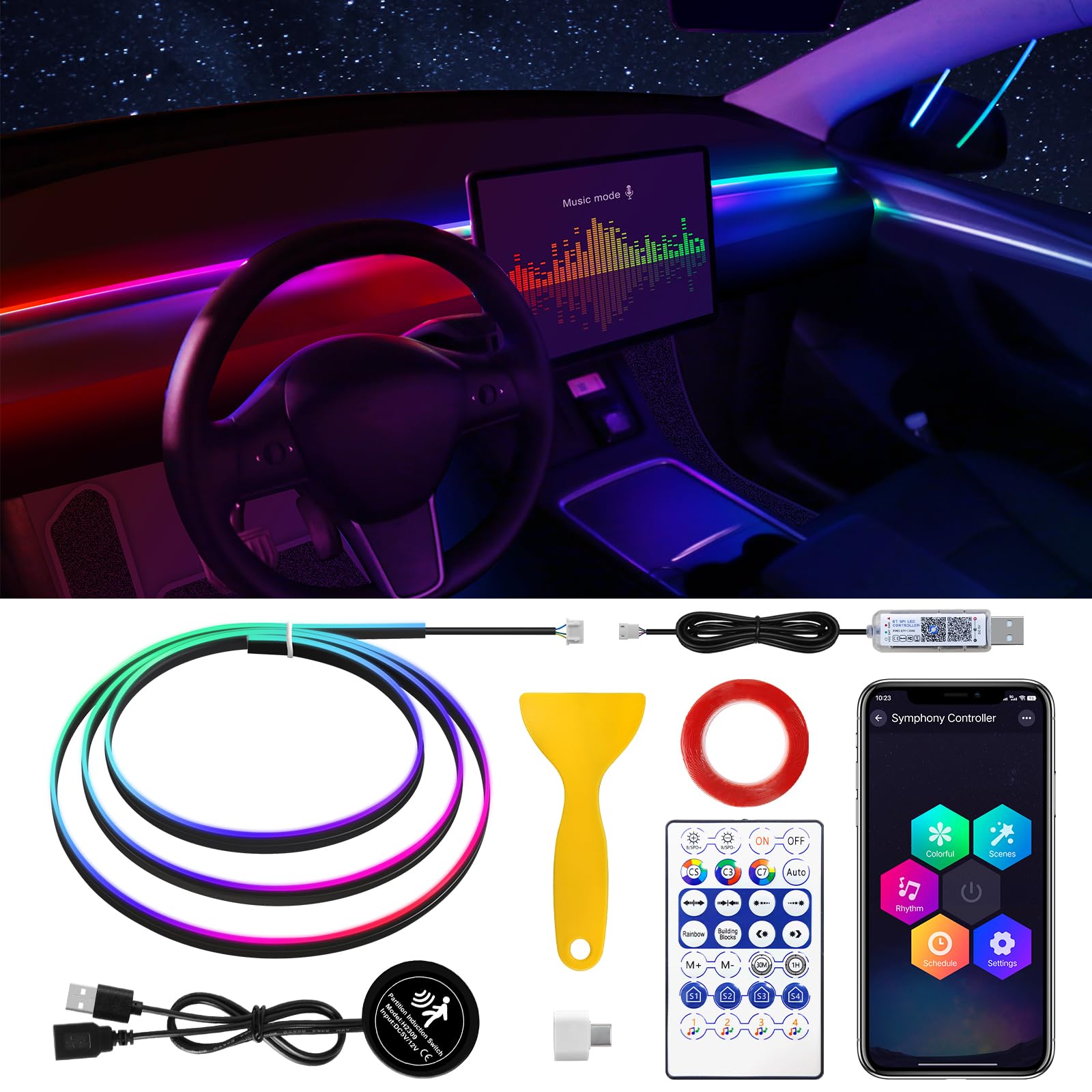 Photo 1 of Interior Car LED Strip Light with Motion Sensor Switch, 55.1 inches Neon LED Strip Light, RGB Colors Ambient Lighting Kits