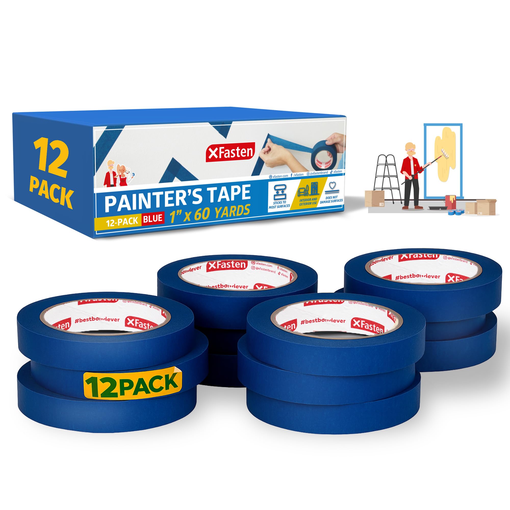 Photo 1 of XFasten Blue Painters Tape 1 Inch Wide x 60 Yards 12-Pack Bulk, UV Residue-Free Blue Masking Tape for Clean Lines, Indoor and Outdoor Multi-Surface Use - Sharp Paint Lines for Walls, Easy Removal