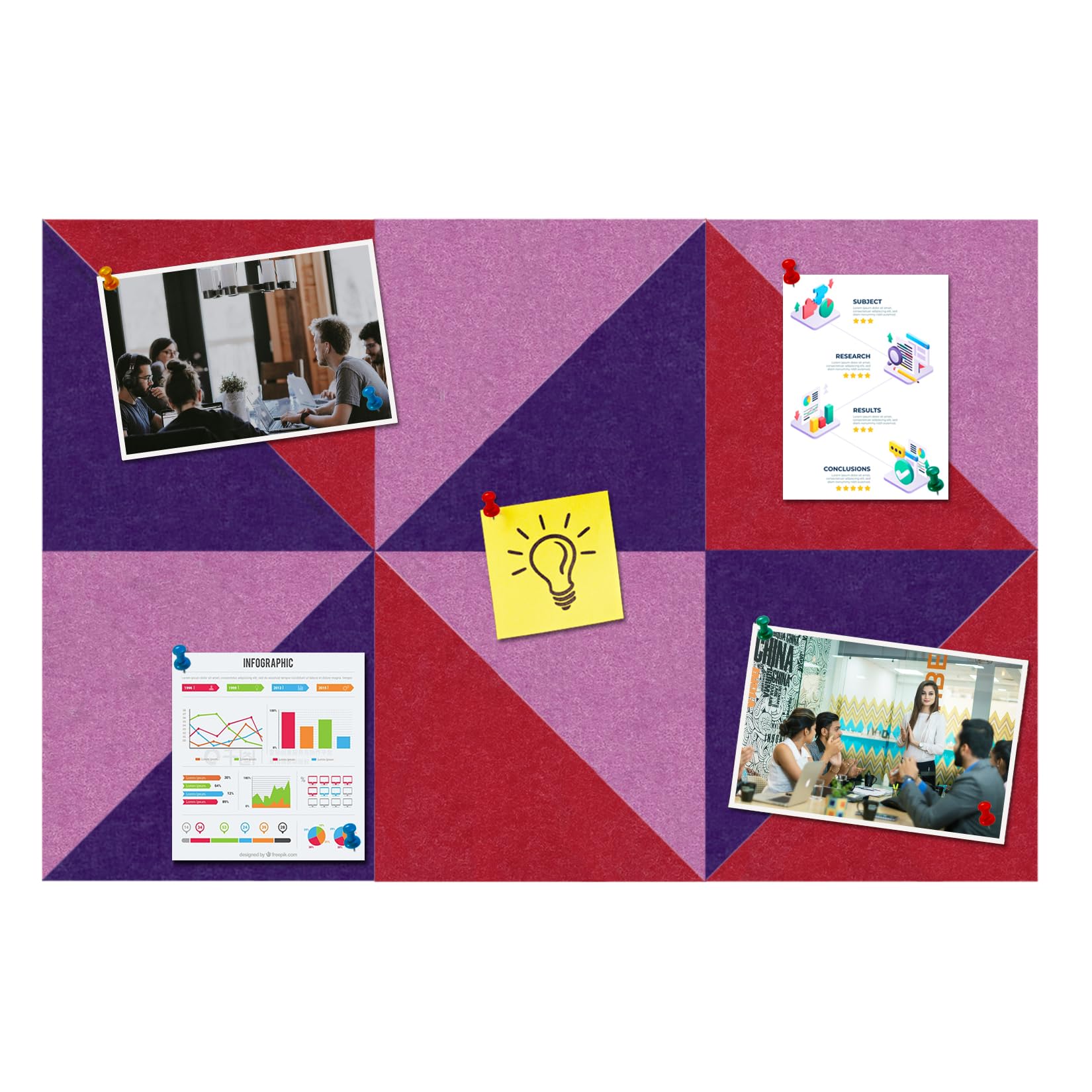 HULAVO Large Triangle Felt Cork Board Tiles, Self Adhesive DIY Felt Bulletin Board Pin Board with 35 Pushpins for Office School Home Wall Decor Stickers Memos Photos Display(Purple+Light Purple+Red)
