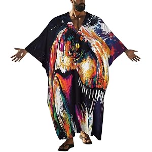 Fierce Dinosaur Loose Thobe for Men Kaftan V-neck Robe Long Gown Caftan | Lounge Dress Summer Beach Butterflies Sleeves Casua