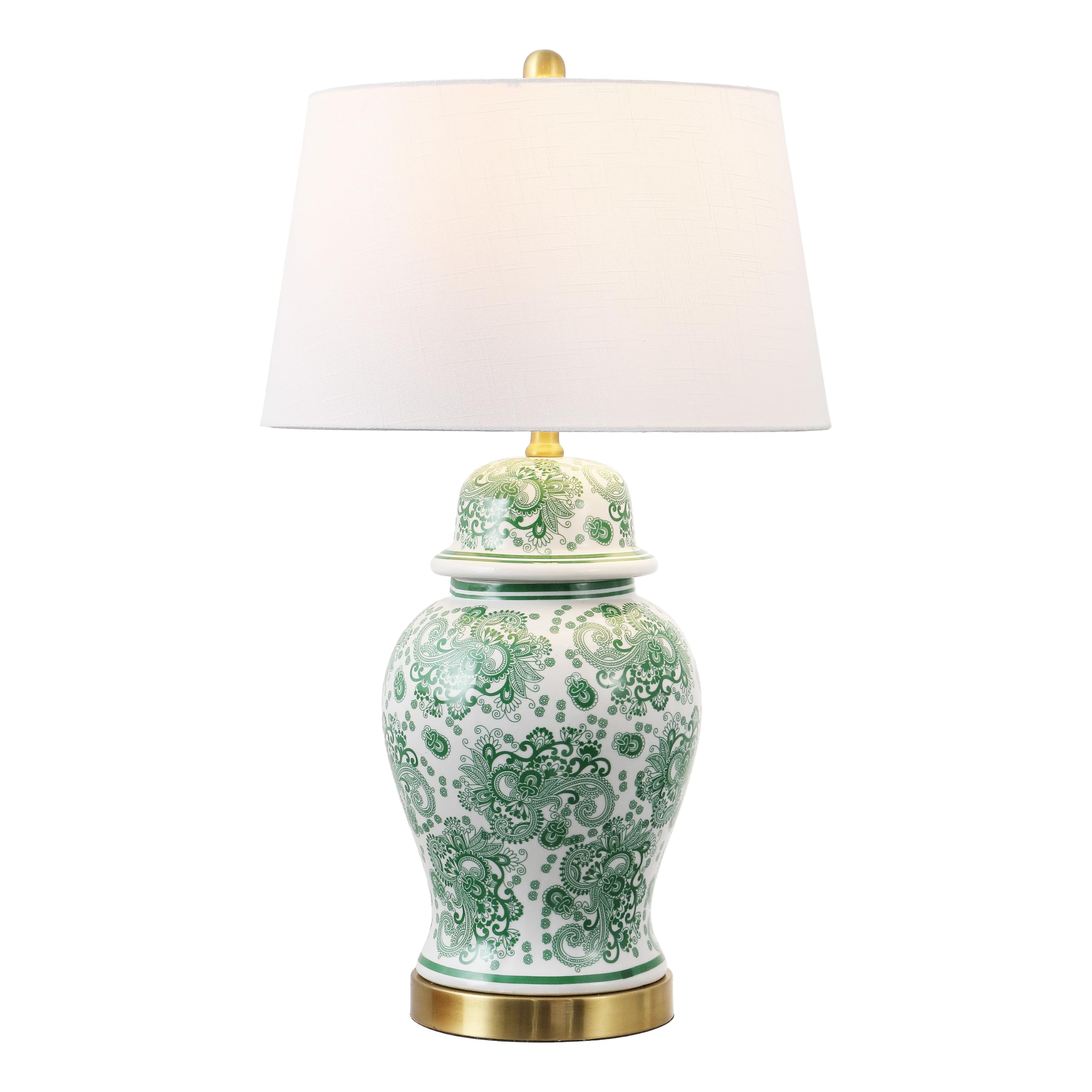 JONATHAN Y JYL3008D Ellis 29.5" Ceramic LED Table Lamp, Hand-Painted Green & White Ginger Jar Nightstand Lamp with White Linen Drum Shade, Traditional Bedside Lamp for Living Room, LED Bulb Included Image