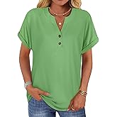 rosemia Womens Short Sleeve Shirts V Neck Dressy Casual Blouses Summer Loose Fitting Henley Tops