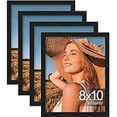 Vittanly 8x10 Picture Frame Set of 4, Display Pictures 5x7 with Mat or 8x10 without Mat, Engineered Wood with Shatter Resistant Plexiglass, Wall Gallery Photo Frames for Wall or Tabletop, Black