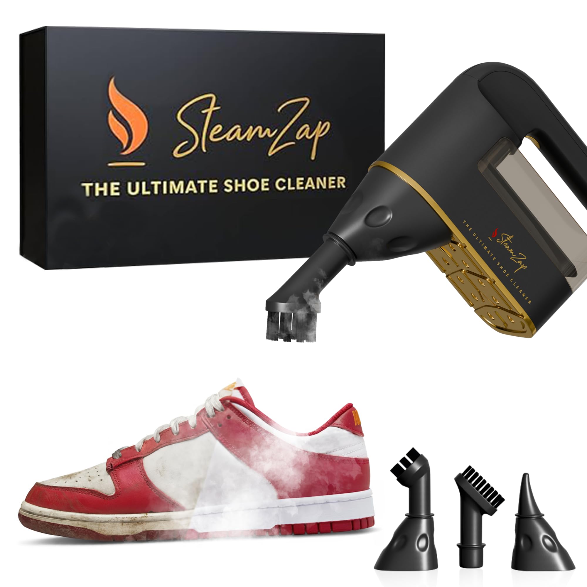 Photo 1 of SteamZap Handheld Shoe Steam Cleaner – All-in-One Shoe Care with Pro Steam Power | 5 Attachments to Clean, Deodorize & Remove Creases from Sneakers, Dress Shoes & Boots
