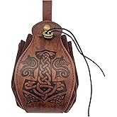 Popeoiuh Medieval Leather Belt Pouch for Men Women Portable Drawstring Waist Bag Pack Brown Vintage Embossed Belt Pouches Dice Purse LARP Viking Cosplay Costume Accessories(Fenrir and Mjolnir)