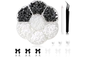 RODAKY 300Pcs Bow Charms and Flatback Pearls - Black White Bowknot 3D Cute Nail Supplies for Acrylic Design - 3-5mm White Half Pearls for Jewelry DIY Crafts Art Decoration Accessories