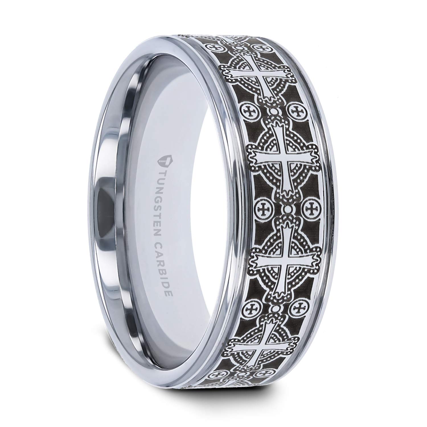 DEACON Flat Grooved Tungsten Ring with Engraved Intricate Cross Pattern