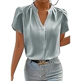 Astylish Women's Dressy Notched V Neck Tops Business Work Cap Sleeve Chiffon Blouse Shirts