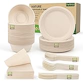 FEHHTO Disposable Paper Plates Set 300PCS Compostable Sugarcane Plates, Bowls, Heavy-duty Utensil, Biodegradable Napkins, Eco-friendly Dinnerware Set for Party Camping 50 People