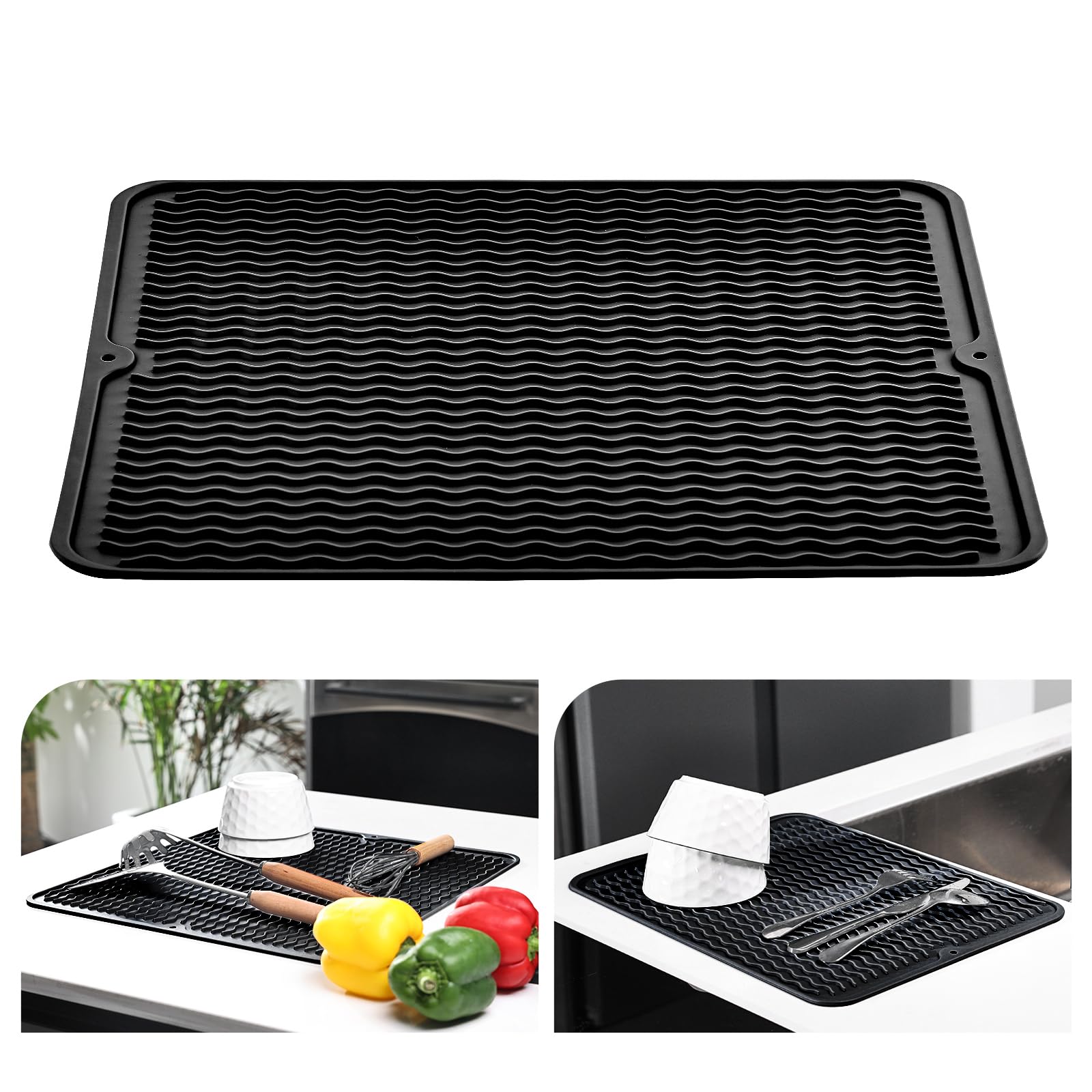 KitchenRaku Dish Drying Mat, Silicone Draining Board Mat, Heat Resistant Dish Draining Mat for Kitchen,Non-Slip Silicone Trivet,Table Mat,Pot Holder,Placemat,Spoon Rest, Coaster (Black, 30x40cm)
