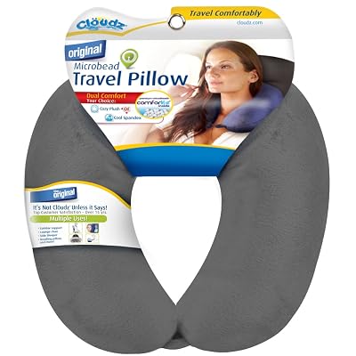 Cloudz Dual Comfort Microbead Airplane Travel Neck Pillow. Super Soft Cozy Plush Fabric on One Side, Cool Relaxing Spandex on The Other! Customize Your Comfort and Support at Home or On The Go! Grey