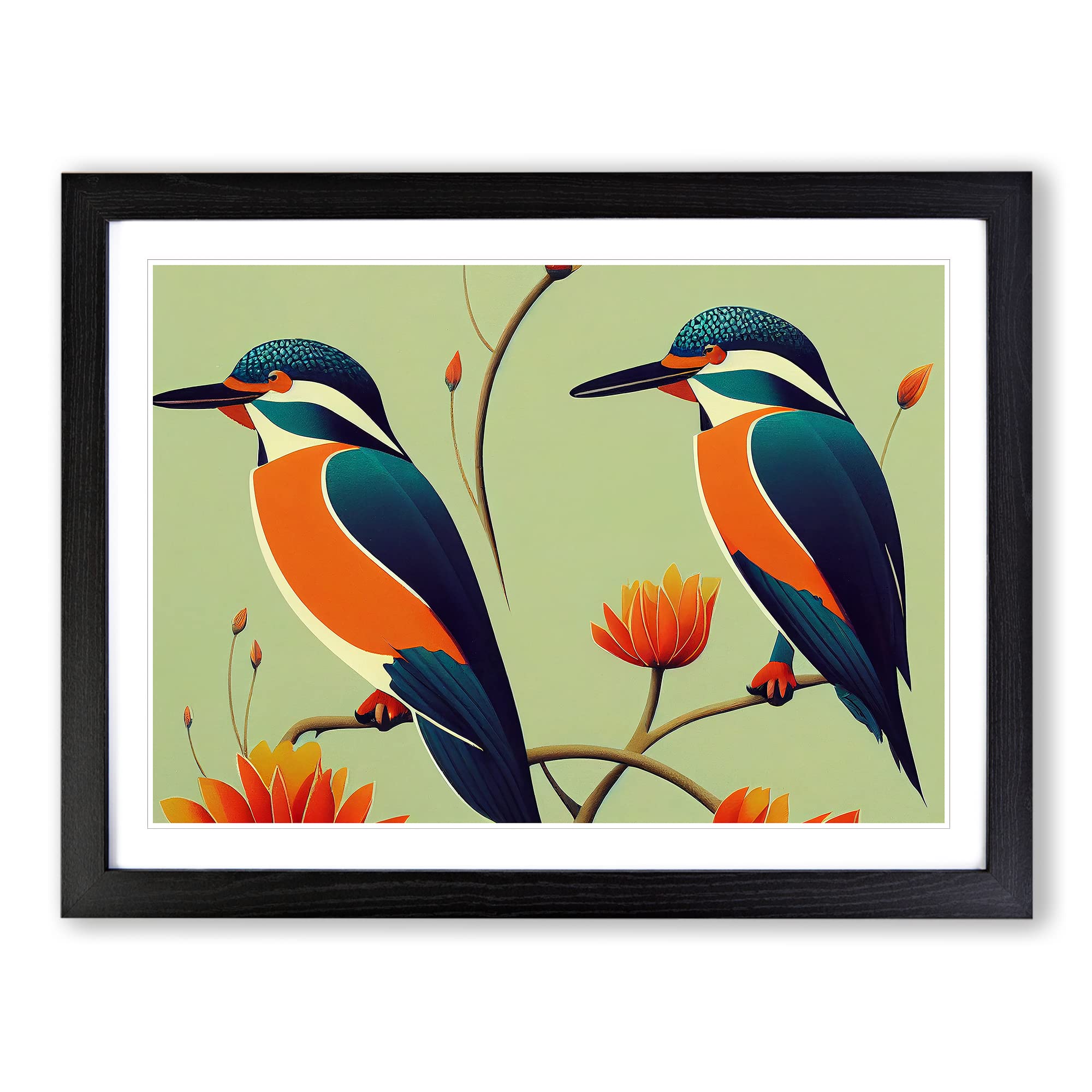 Kingfisher Birds Art Deco WHT Framed Print | A4 Black Framed Wall Art | Ready to Hang | Art Deco Nature Picture | Living Room Bedroom Lounge Office