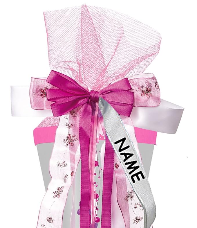alles-meine.de GmbH große 3-D Schleife für Schultüten - rosa & pink - incl. Name / Text - 24 cm breit u. 55 cm lang - mit edl