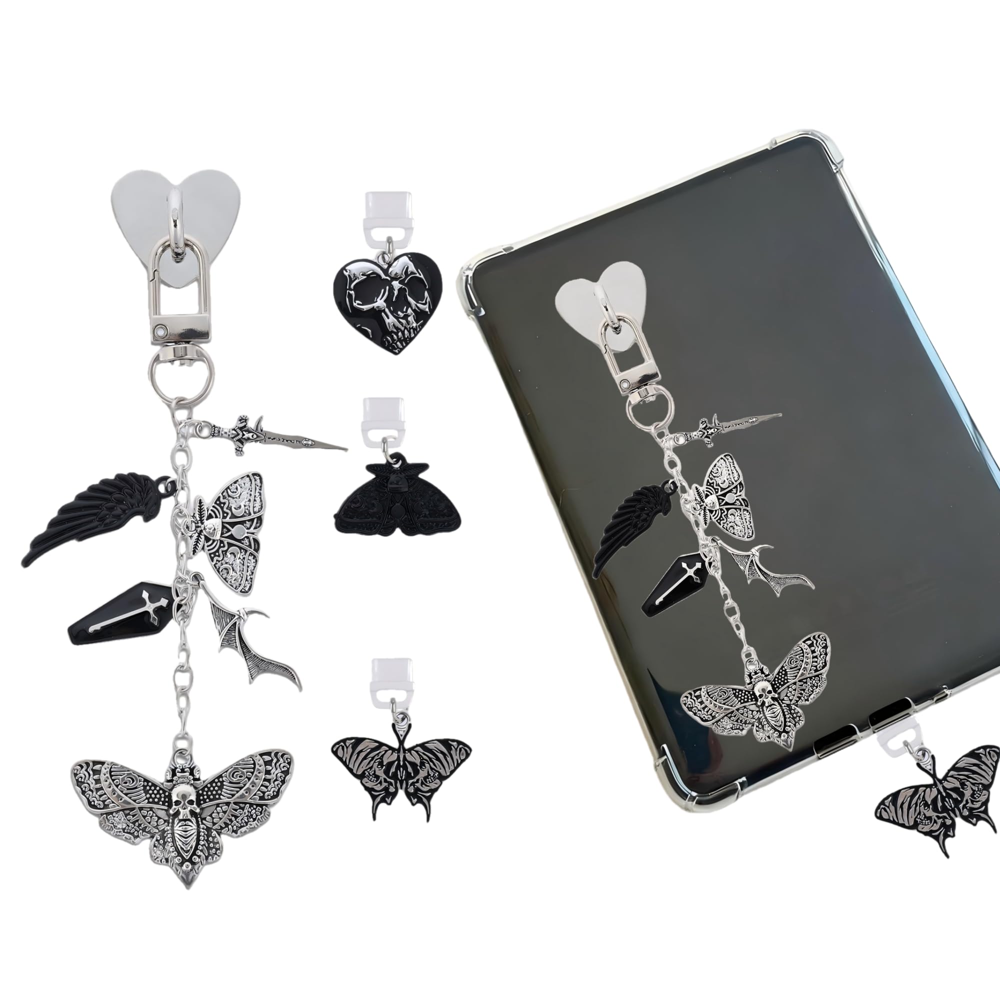TAKEALOOKO Halloween Dust Plug Charm Chains for Kindle - 4Pcs Whimsigoth Moth Skull Type C Dustplug & Chain Bracelet Strap Decorating Accessories, Gifts for E-Reader Book Lovers Women Men