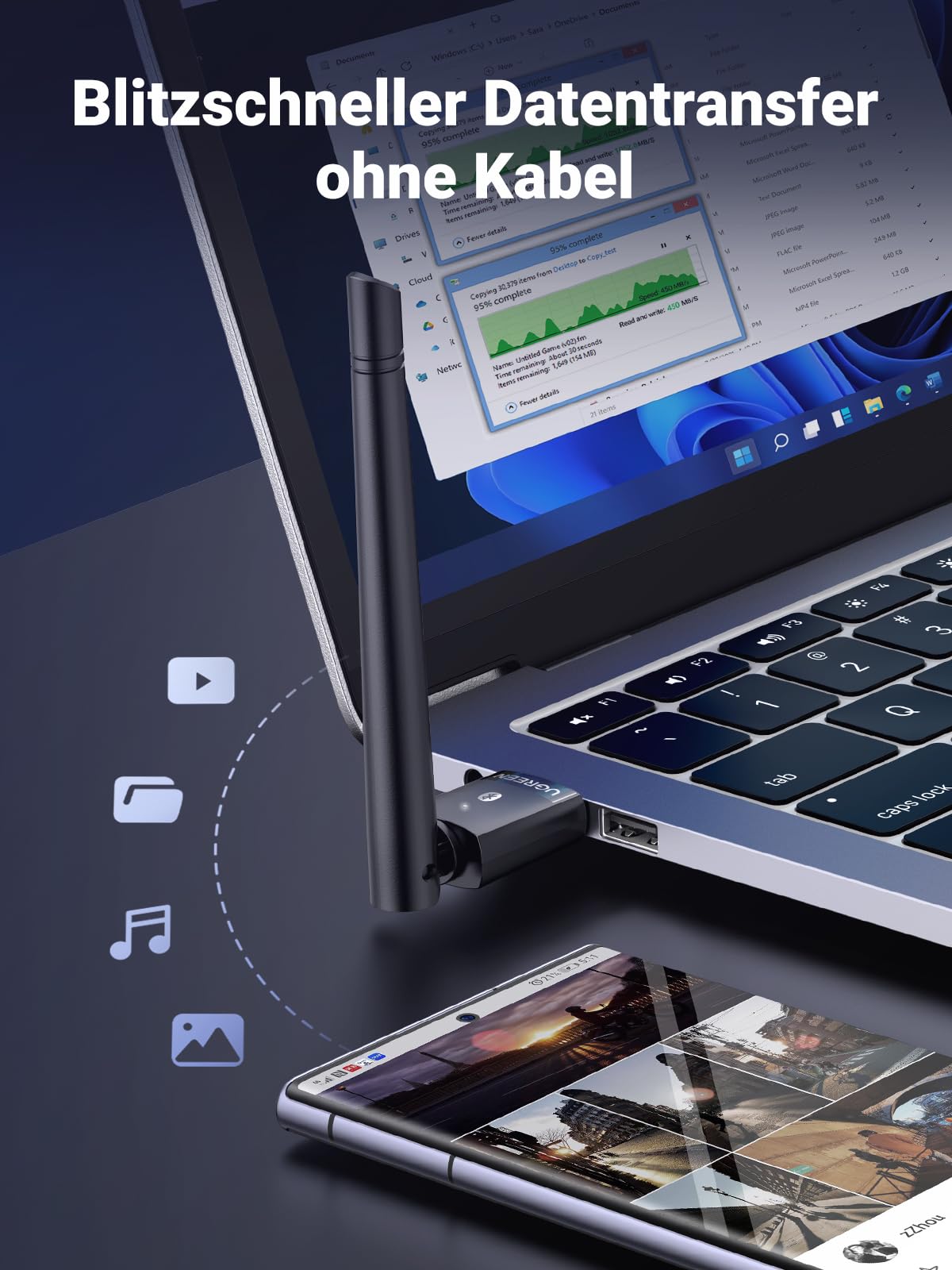 UGREEN USB Bluetooth Adapter PC Mit Großer Übertragungsreichweite Bluetooth Dongle für Windows 11/10/8.1, Bluetooth Stick für Maus, Tastatur, Kopfhörer, Handy, Controller 8