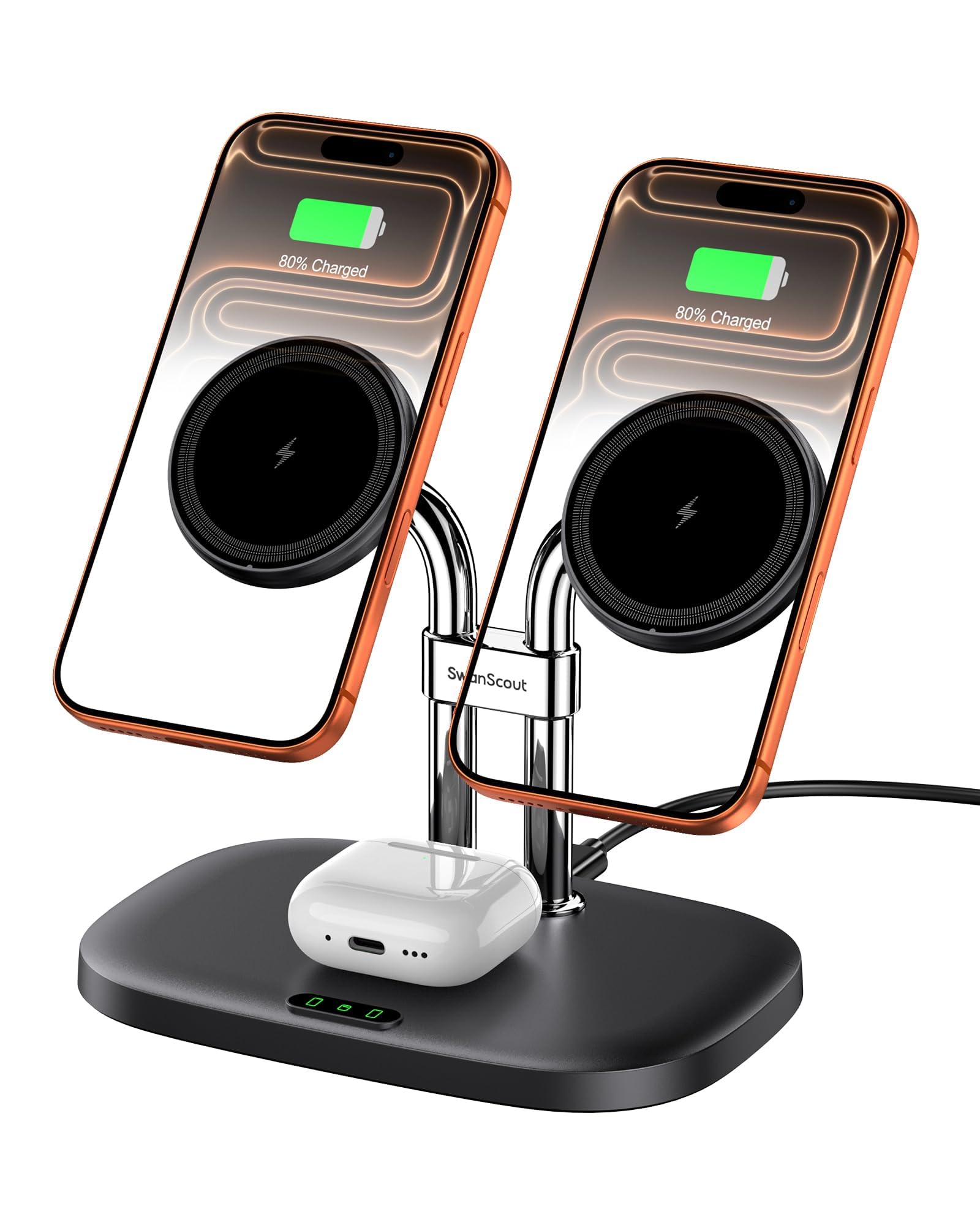 Photo 1 of SwanScout Wireless Charger for iPhone Air/17, SwanScout 706M, Dual Magnetic Charger for iPhone 16/15/14/13/12 Series, Charging Station for AirPods Pro 3/2, AirPods 4/3rd (Black)