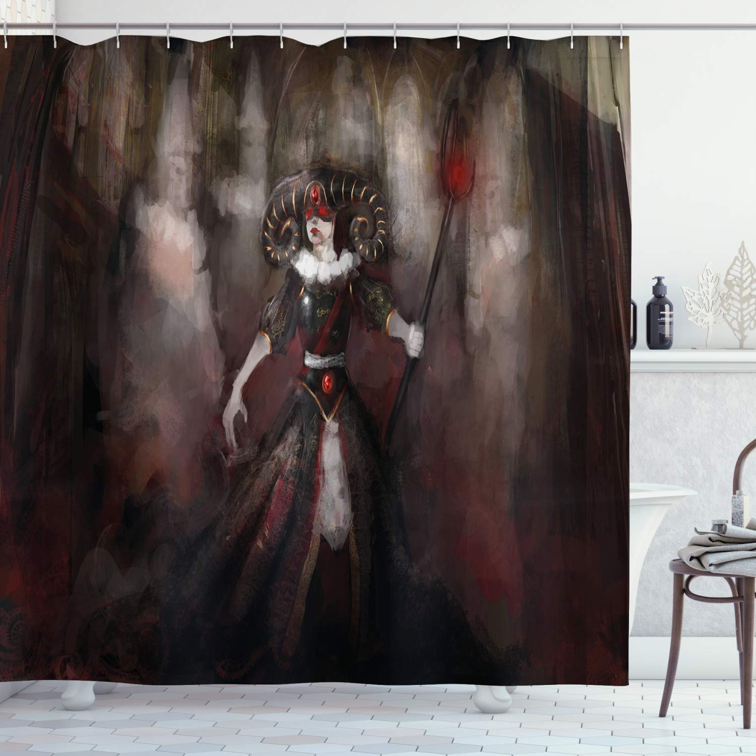 ABAKUHAUS Gothic Shower Curtain, Medieval Evil Woman Myth, Cloth Fabric Bathroom Decor Set with Hooks, 175x180, Black Red Grey