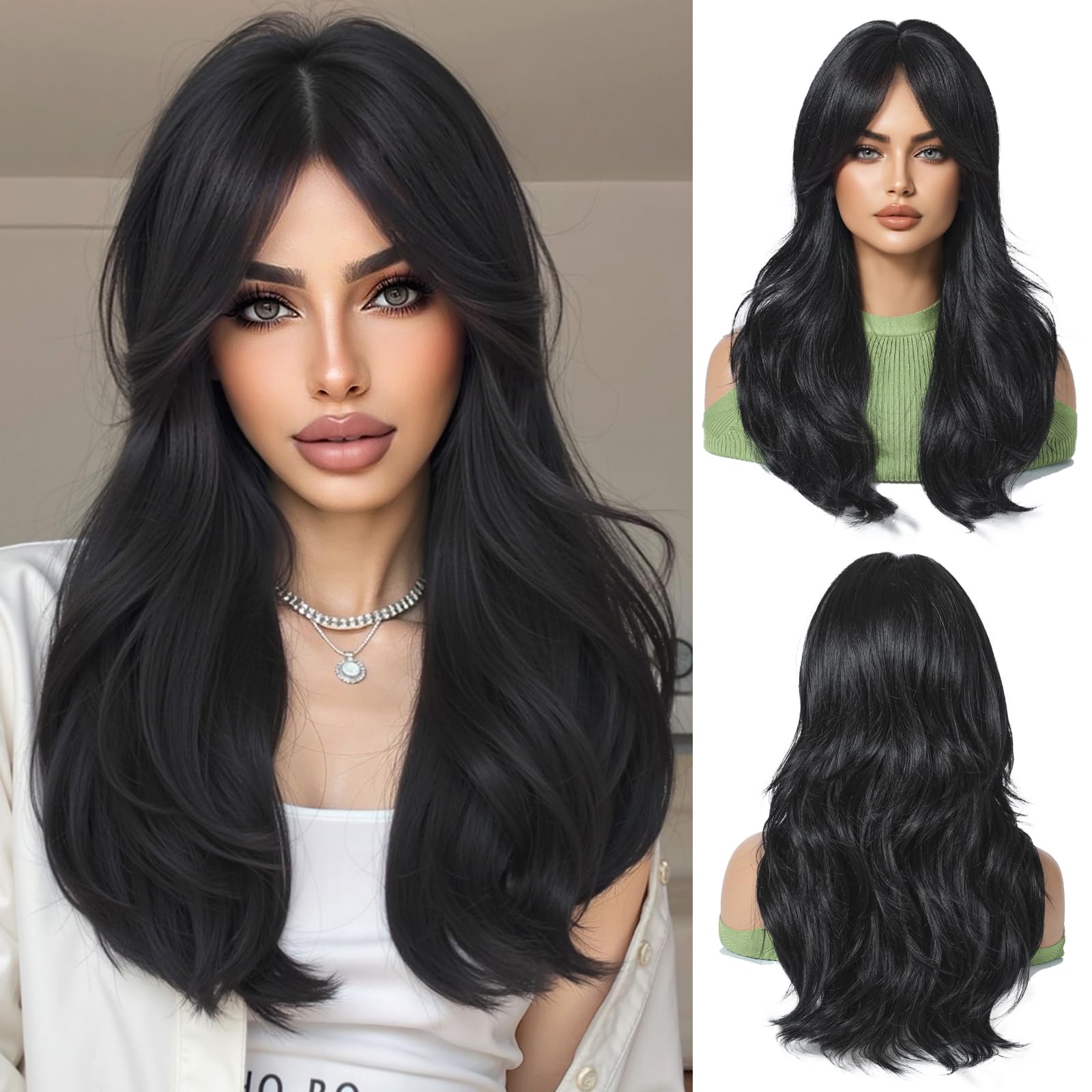 OUFEI Long Black Wig With Curtain Bangs Natural Wavy Wigs for Women Natural Synthetic Hair Heat Resistant Wigs for Daily Party Cosplay Wear — image 1