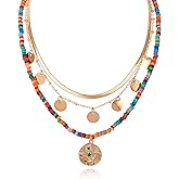 Colorful Beaded Necklace for Women Bohemian Layered Snake Chain Disc Moon Star Hippie Peace Sign Cowboy Hat Boot Horseshoe Natural Stone Choker Necklaces Adjustable Party Summer Jewelry Gift for Women