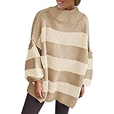 Saodimallsu Womens Oversized Striped Sweater Mock Neck Chunky Knit Lantern Long Sleeve Fall Trendy Tunic Sweaters Top
