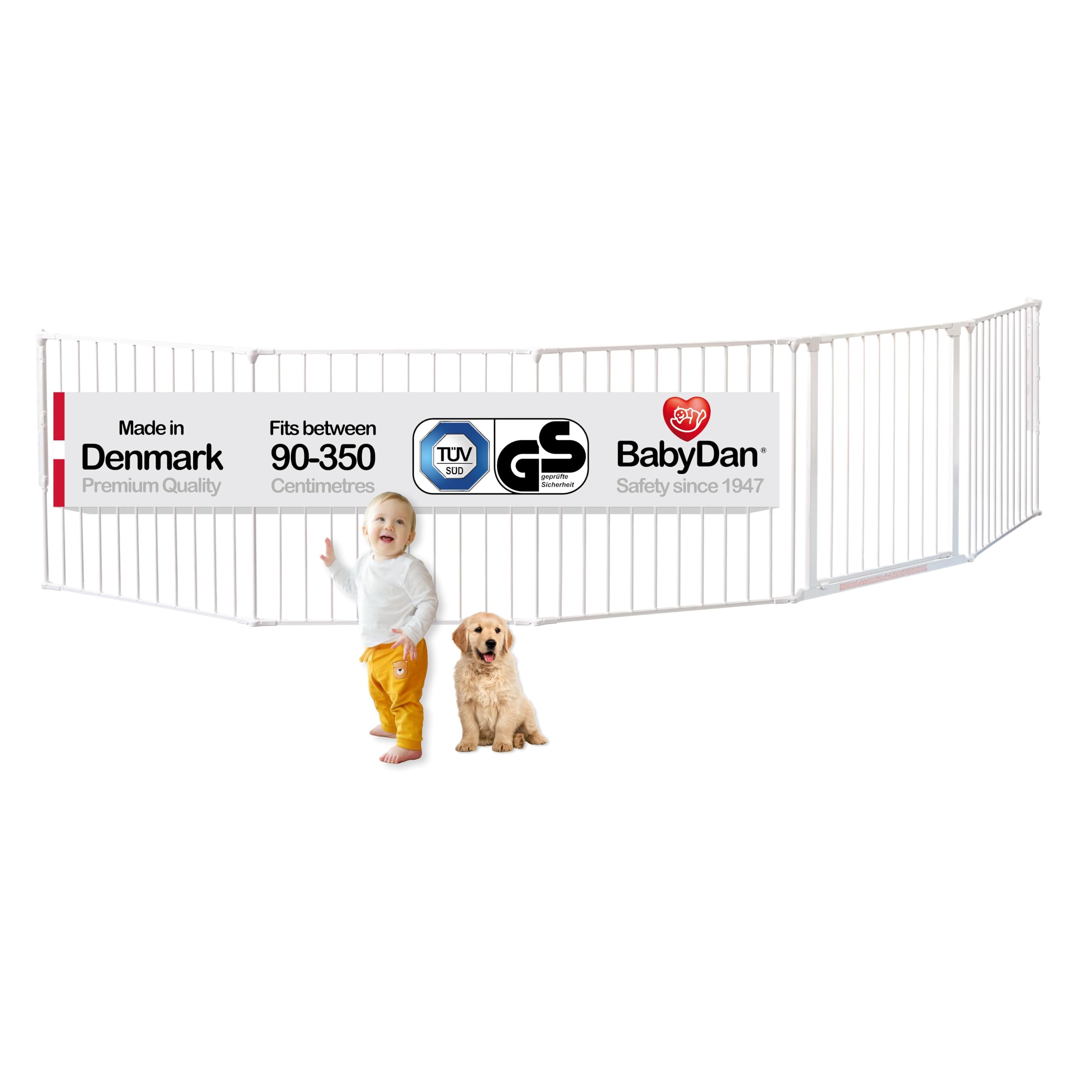 BabyDan Flex XXL, 90-350 cm, Hearth Gate/Stair Gate/Room Divider/Fire Surround, White, Made in Denmark - Baby Gate/Safety Gate (Pet Gate/Dog gate/Dog playpen)