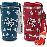 GEMFUL 2 Pack Chirstmas Coffee Mug to go for Mom Gifts Spill Proof Insulated Coffee Cup 17oz with Strap for Travel Home Office Xmas (Blue+Red)