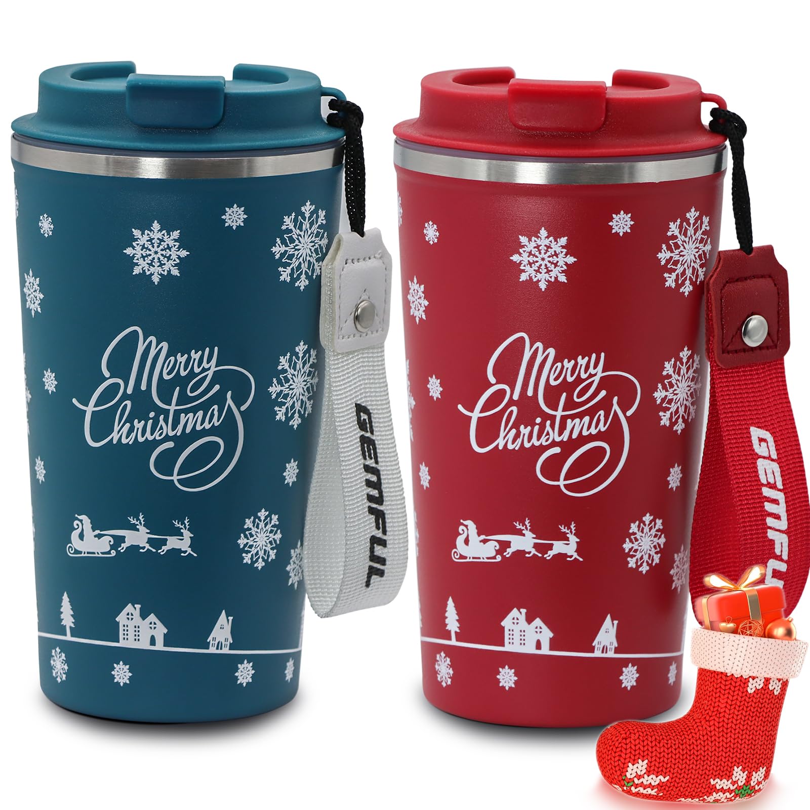 GEMFUL 2 Pack Hot Mug to go for Mom Gifts Spill Proof Insulated Coffee Cup 17oz with Strap for Travel Home Office