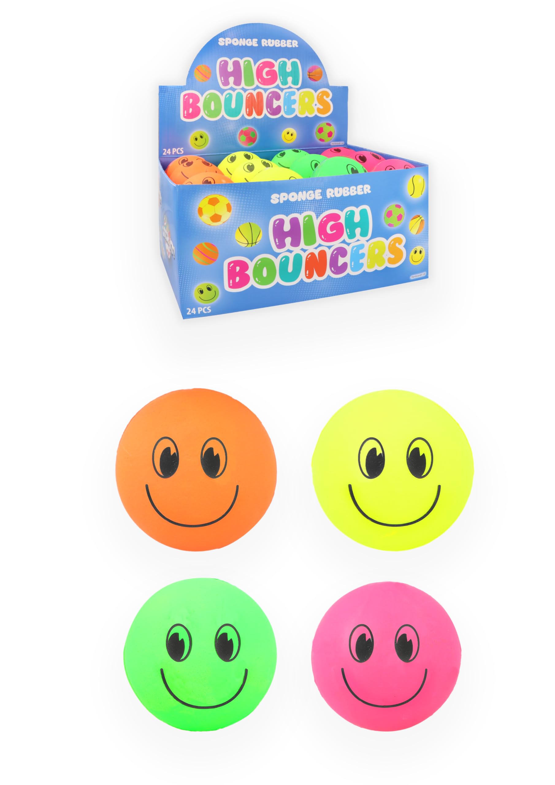 HENBRANDT 24 x Hard Sponge Rubber Smiley Face Hi-Bounce Balls Neon Colours (Green, Pink, Orange & Yellow)