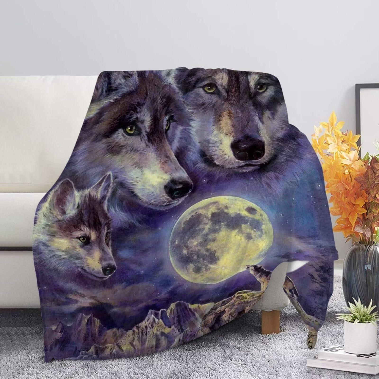 UOIMAG Moon Wolf Blankets Bedding Throw Blanket Lightweight for Bedroom Livingroom Sofa Settees Size 3XL