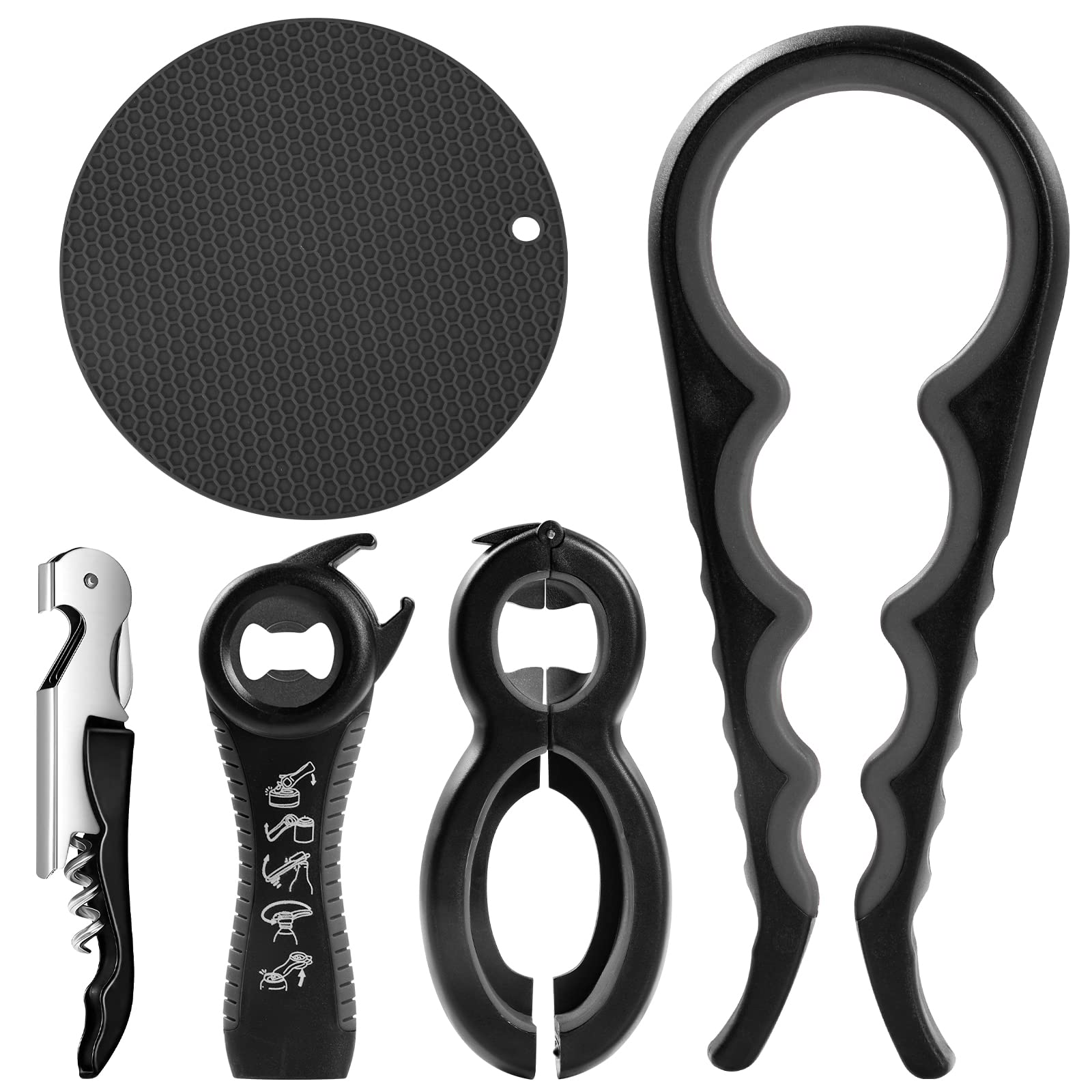 pyntop Jar Opener for Weak Hands - 5 Pack Bottle Openers for Arthritis Hands, Can Openers for Arthritic Hands, Top Gadgets Disability Aids and Equipment for Kitchen (Black)