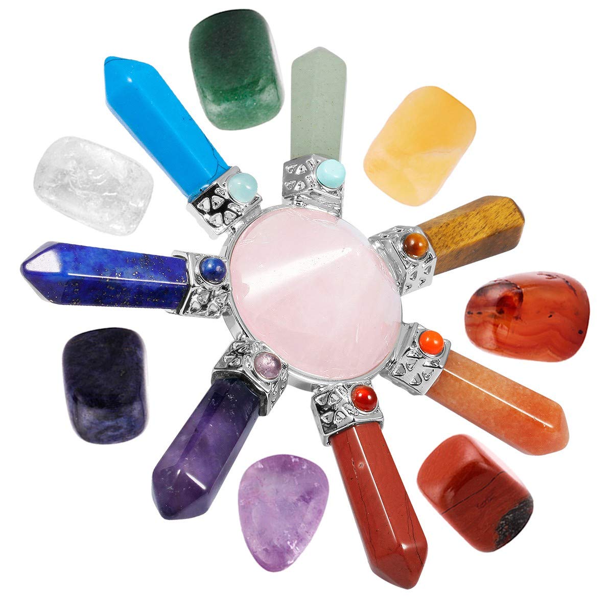mookaitedecor 7 Chakra Crystals Set,Healing Crystal Polished Tumbled Worry Stones & Rose Quartz Cone Energy for Reiki Balancing Meditation Kit