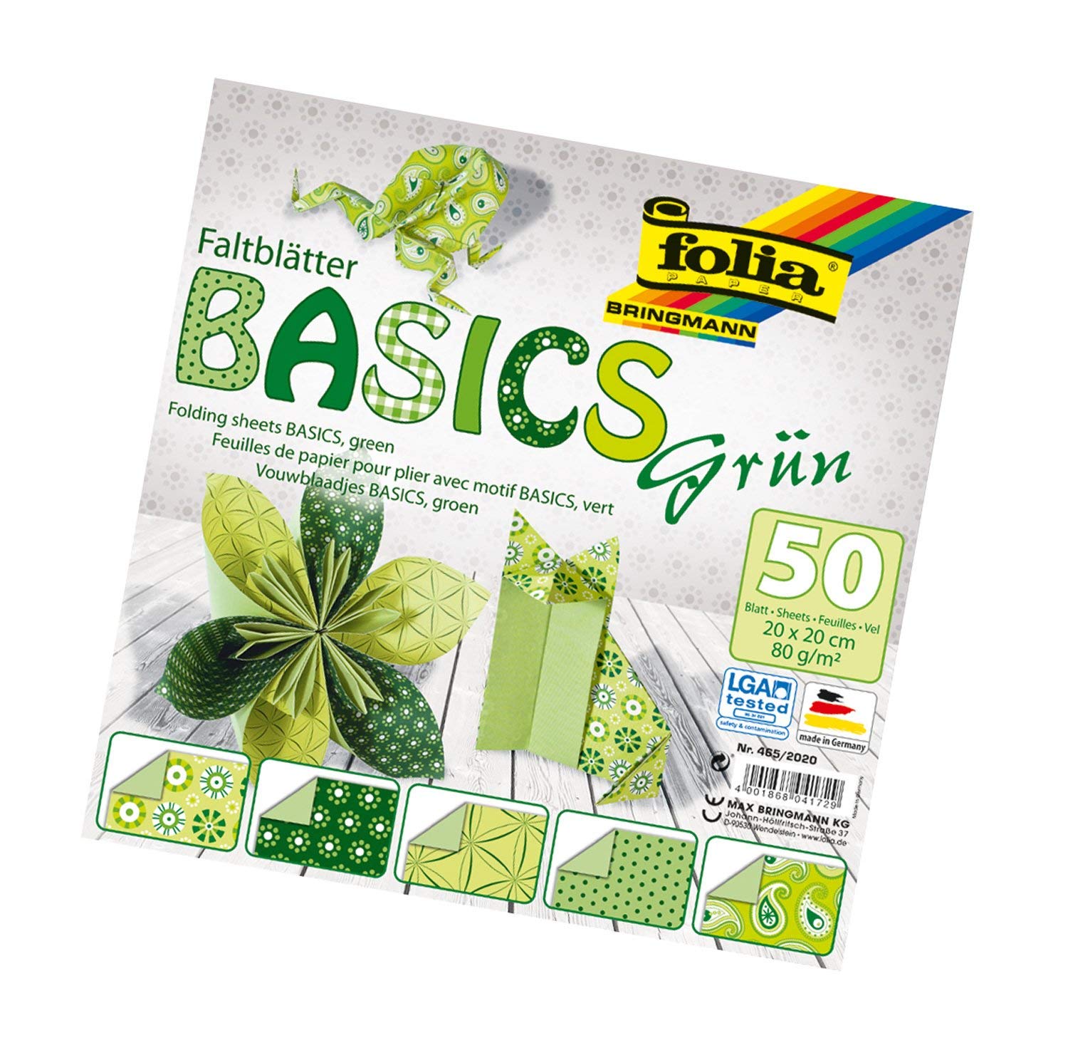 Bringmann Folia Basics folding sheets, 80 g/qm, 50 sheets assorted in 5 designs, Green, 20 x 20 cm