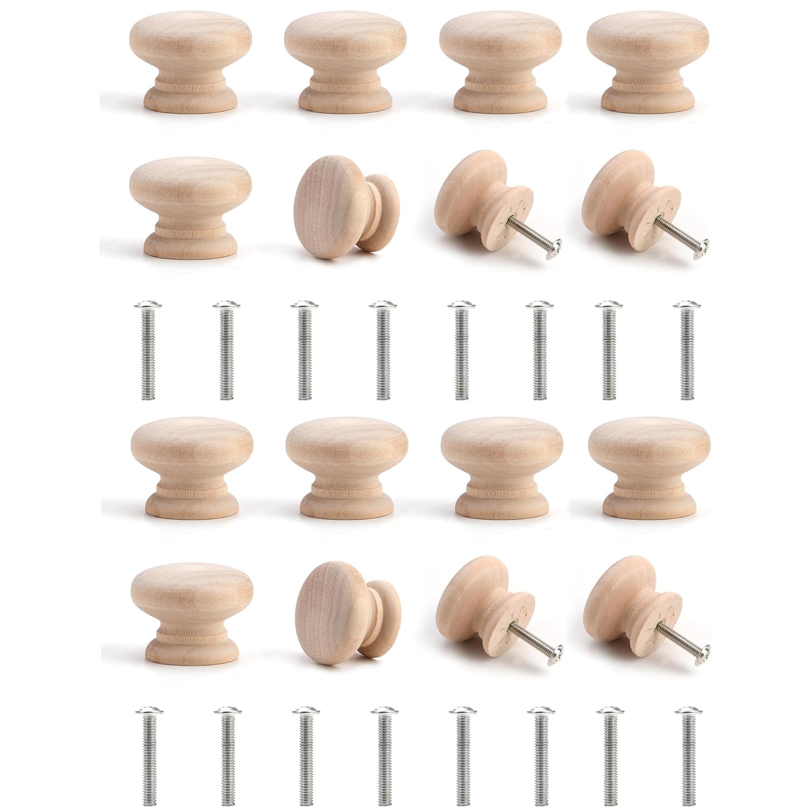 16-Piece Set Wooden Mushroom Drawer Knobs - Natural Unfinished Round Knobs For Furniture Wardrobe Office Dresser Drawer Pull