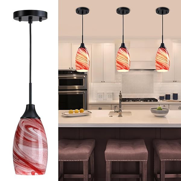 VIINEW MINI GLASS PENDANT LIGHT,3-PACK HANDBLOWN BURGUNDY MARBLE ART GLASS HANGING LIGHT 4.72″ OVAL CEILING HANGING LIGHT FIXTURE FOR DINING ROOM KITCHEN ISLAND CAFE FOYER HALLWAY