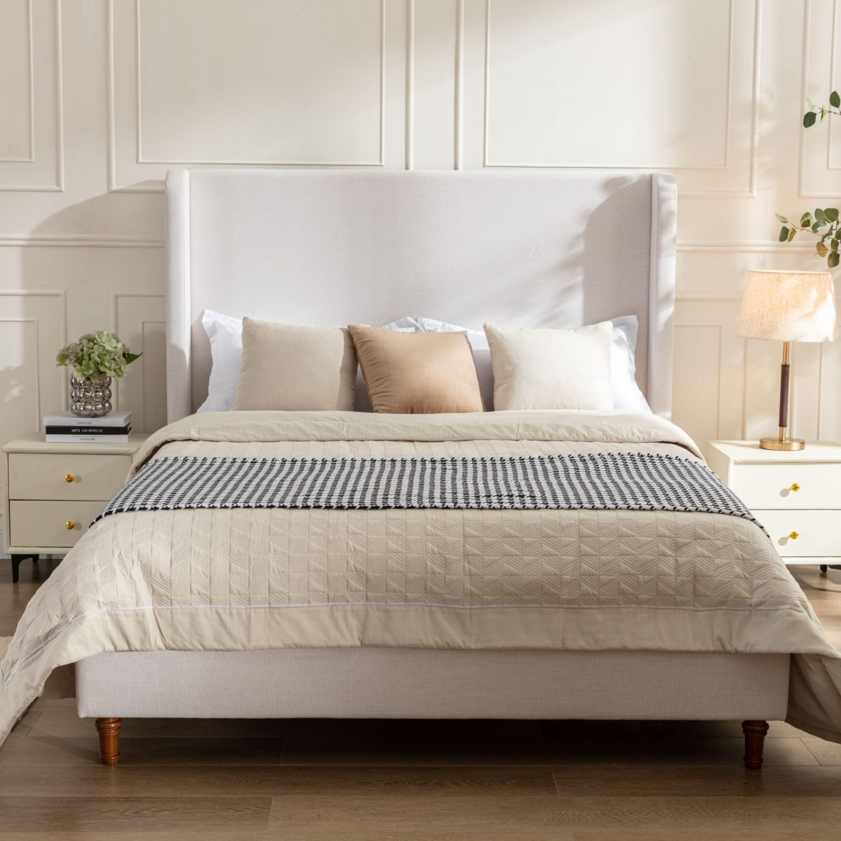 Photo 1 of **MISSING HARDWARE**KEIKI Canvas California King Size Bed Frame, 54" Tall Headboard Upholstered Platform BedFrame with Wingback, Elegant Simplicity, No Box Spring Needed, Solid Oak Wood Feet, Textured Ivory