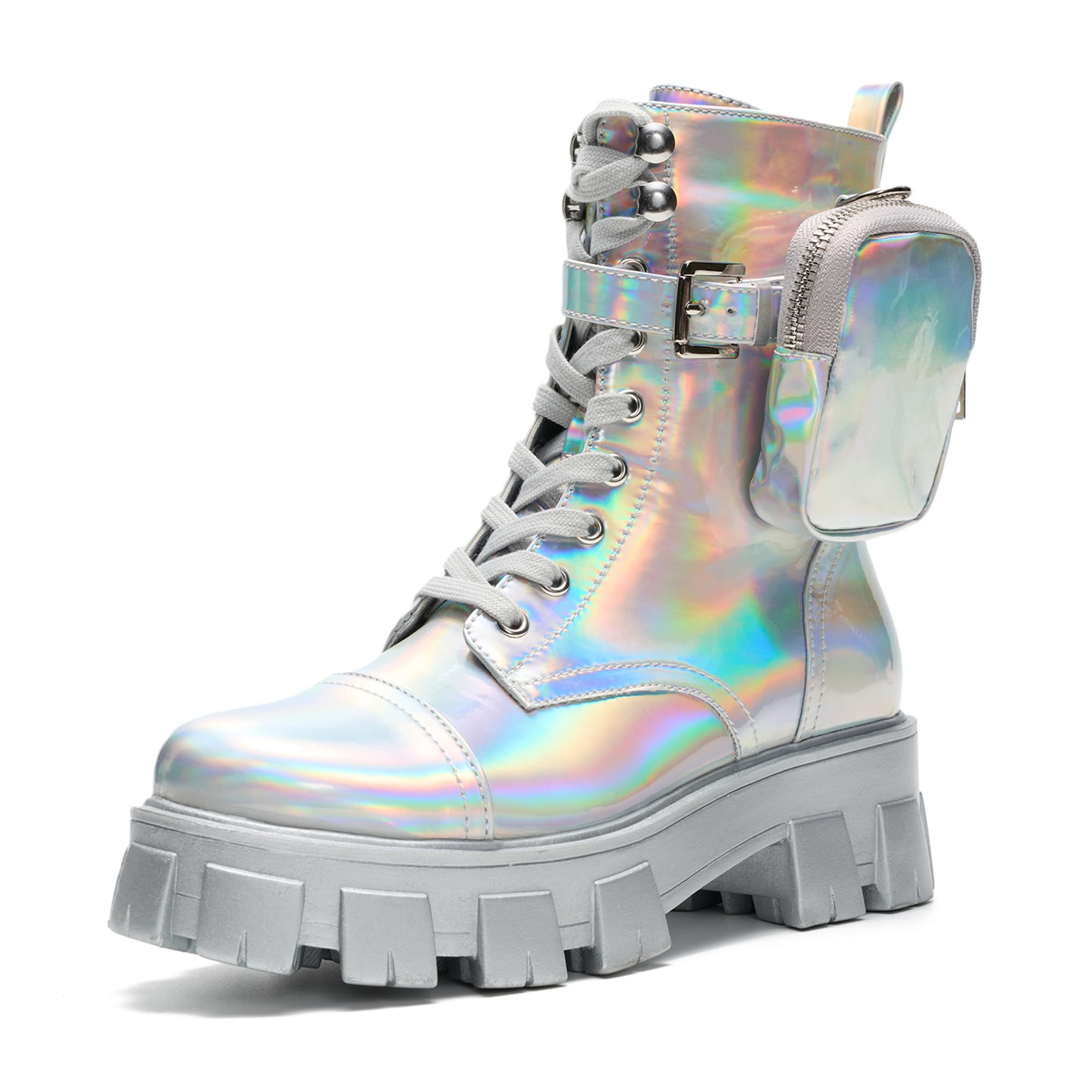 Photo 1 of Cape Robbin Women's Combat Boots - Ankle Booties with Side Zipper, Pouch, Chunky Platform & Lace-Up Design (Monalisa) - Holographic 9