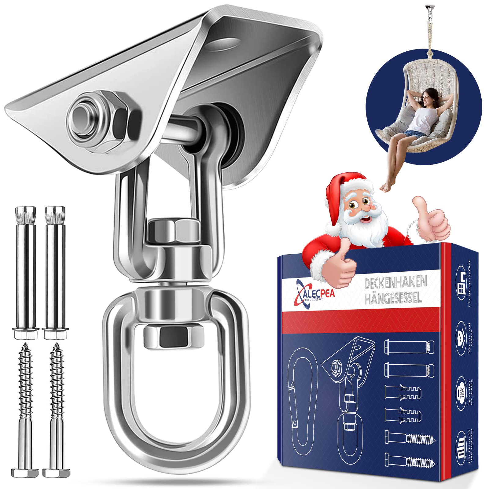 ALECPEA Ceiling Hook Hanging Chair, 360° Rotating Ceiling Hook, Heavy Duty Load Capacity up to 300 kg, Wooden Blanket/Concrete Ceiling Suitable - Hanging Chair, Hammock, Punch Bag, Yoga Towel