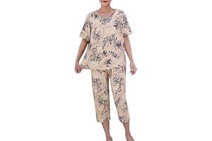 breaise Womens 2 Piece Cotton Linen Outfits Summer Casual Short Sleeve Tops Capri Pants Lounge Set for Older Mom